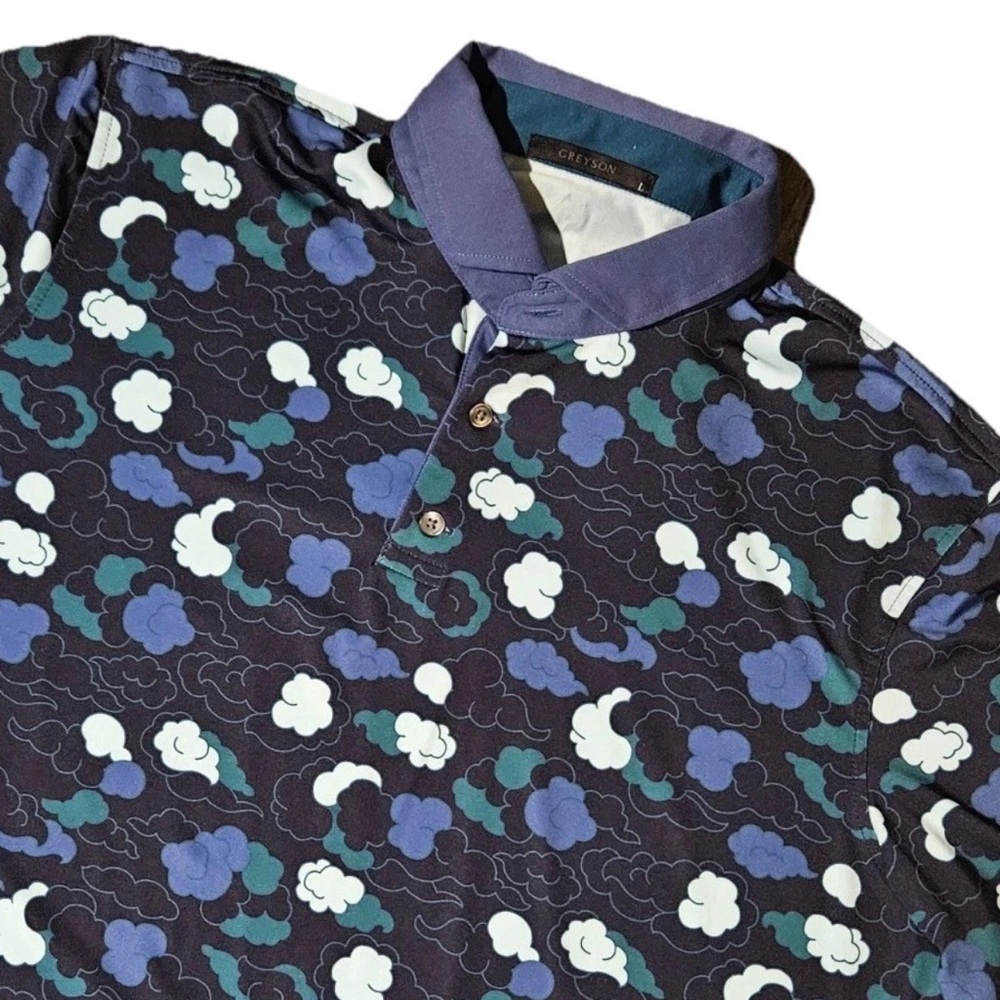 Greyson Golf Polo Shirt Large Blue Clouds AOP Short Sleeve Stretch Performance - Picture 2 of 6